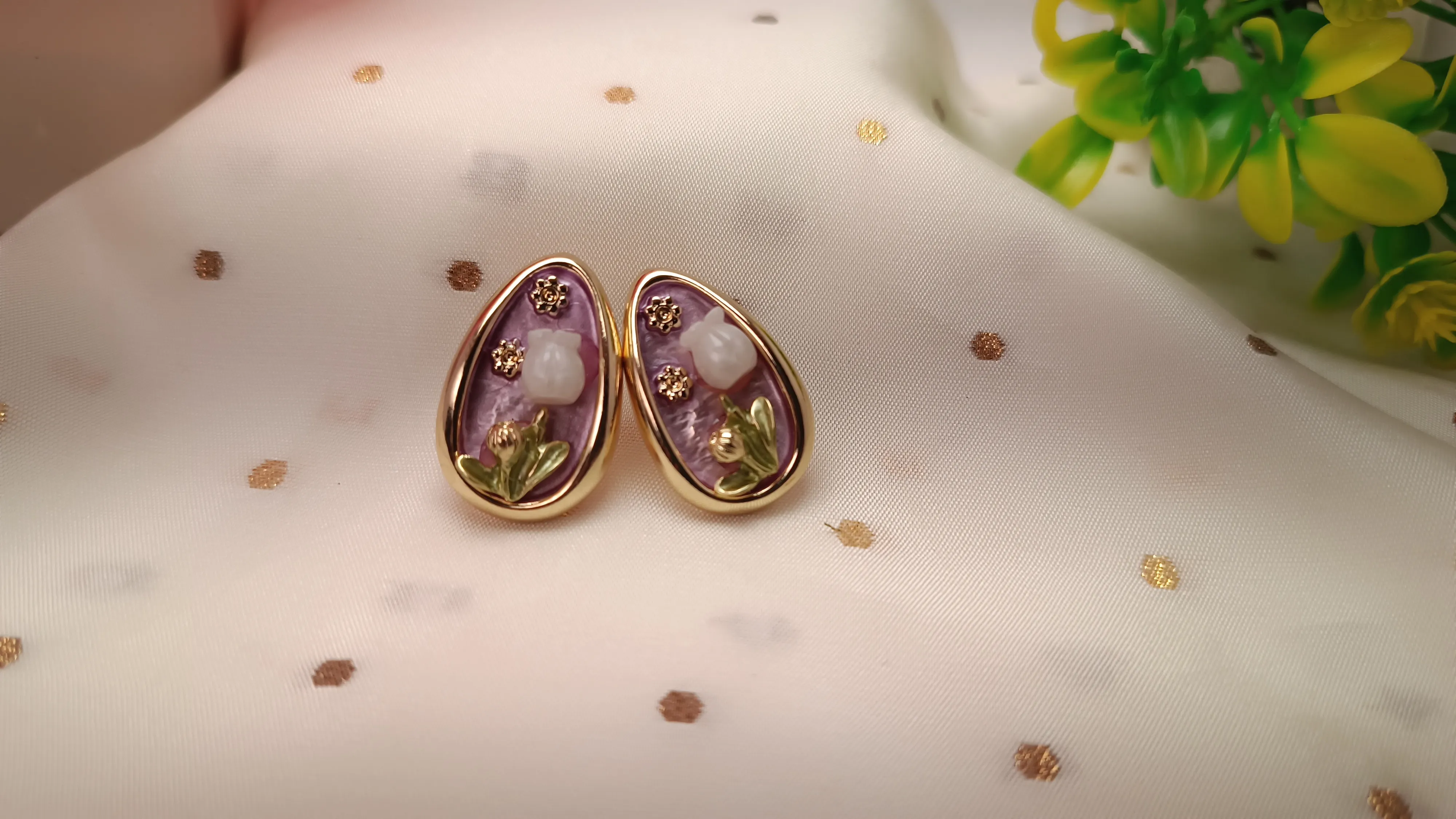 Gold Plated Tulip Studs – Hand-Finished Enamel & Pearl Floral Cameo Earrings